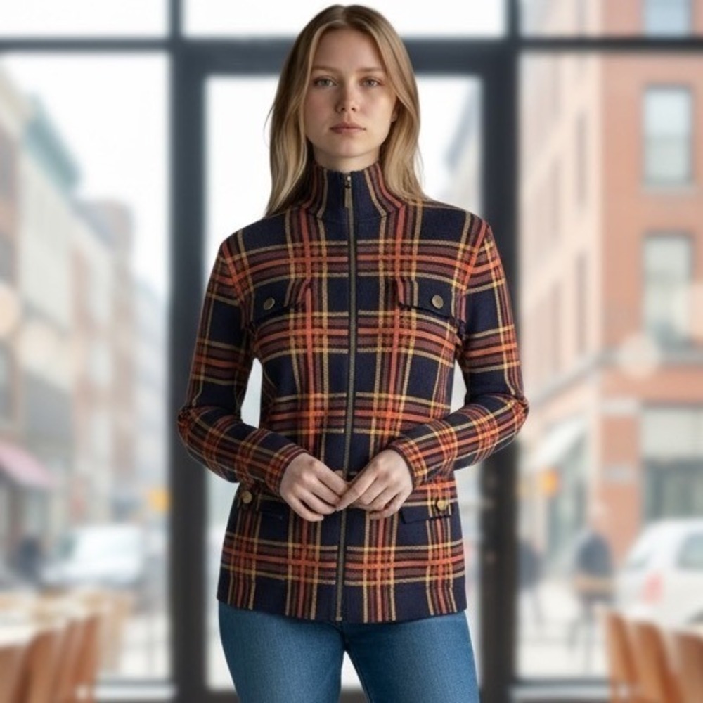 RACHEL ZOE Blue Rust Orange Plaid Knit Jacket Full Zip Mock Neck Women's Small